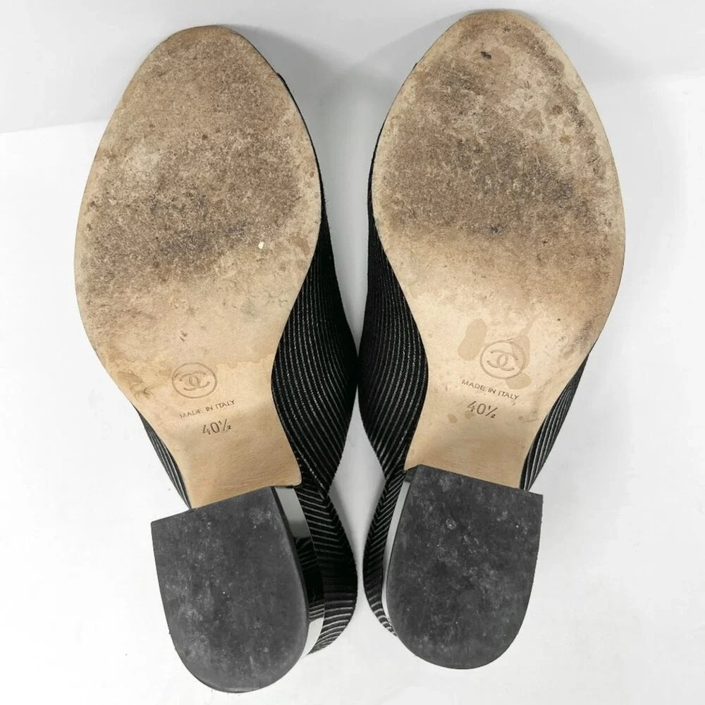 Chanel CC Mule Heels‎ Silver Black Cap Toe Block Heel Sandals 40.5